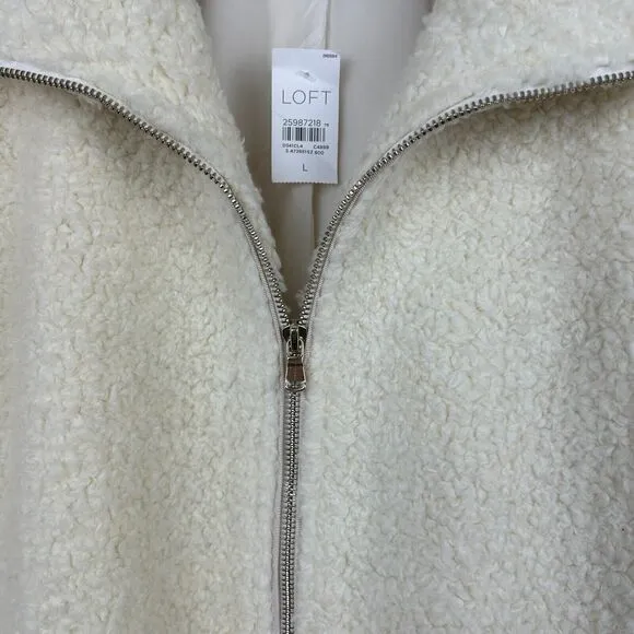 Loft Teddy Coat Jacket Womens Large Cream Boucle Faux Fur Zip Pockets Ladies New