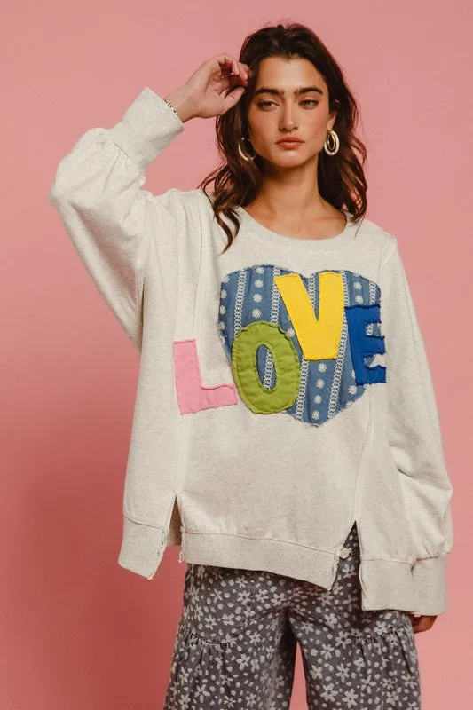 LOVE Heart Patch Slit French Terry Sweatshirt