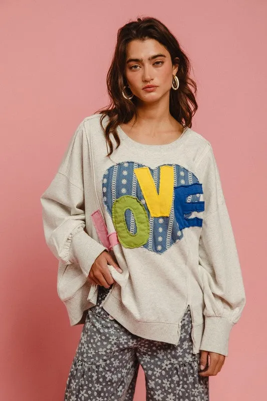 LOVE Heart Patch Slit French Terry Sweatshirt