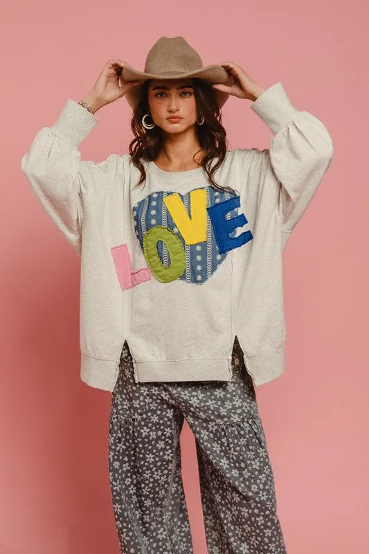 LOVE Heart Patch Slit French Terry Sweatshirt