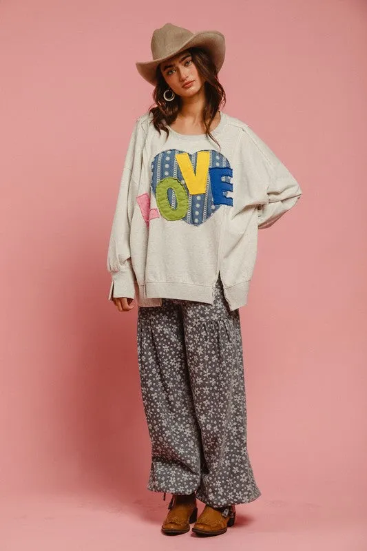 LOVE Heart Patch Slit French Terry Sweatshirt