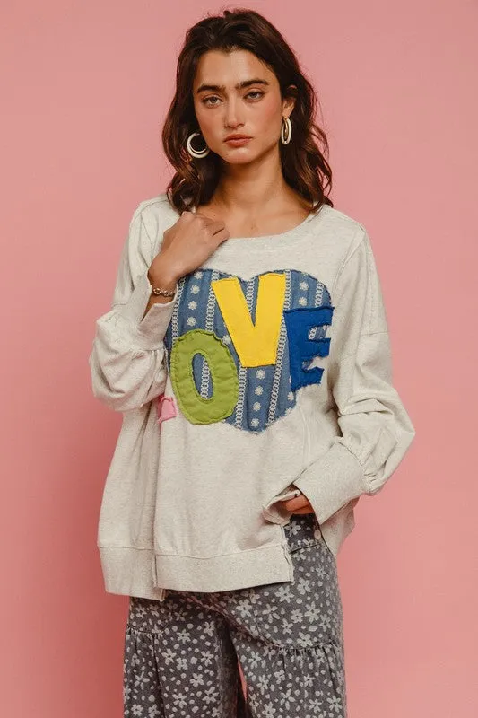 LOVE Heart Patch Slit French Terry Sweatshirt