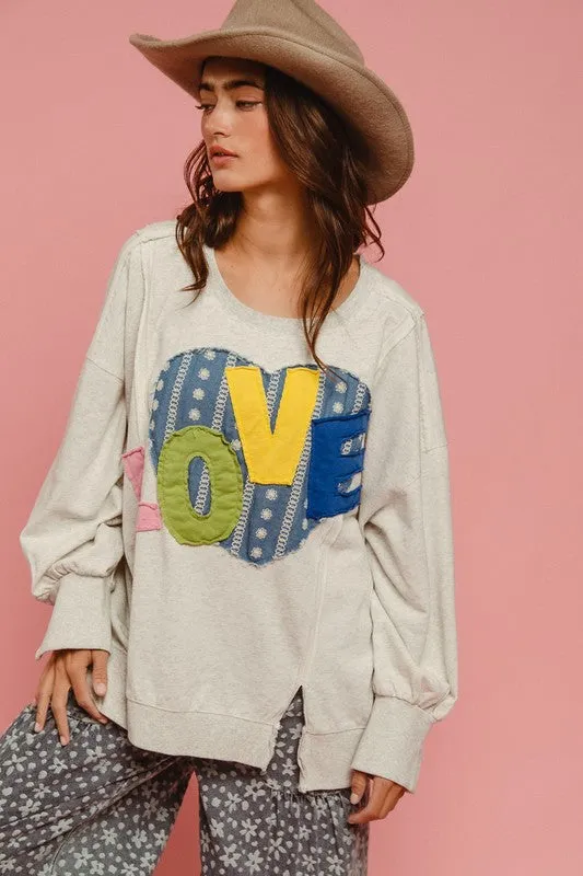 LOVE Heart Patch Slit French Terry Sweatshirt