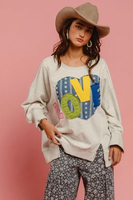 LOVE Heart Patch Slit French Terry Sweatshirt