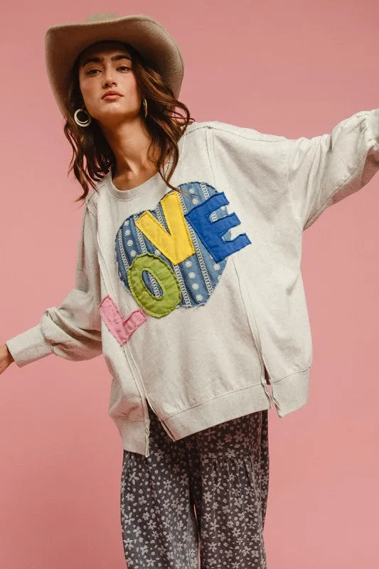 LOVE Heart Patch Slit French Terry Sweatshirt