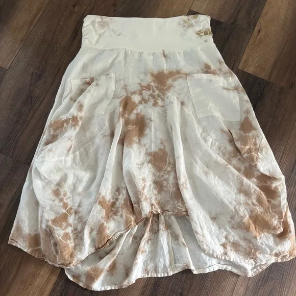 LUNA LUZ Sz L Swivel Hemline  Draped Linen Tie Dye Pull on Midi Skirt Lagenlook