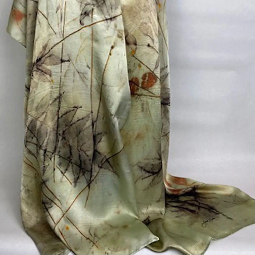 Luxurious silk satin hand dyed eco printed green black orange sophisticated original scarf shawl