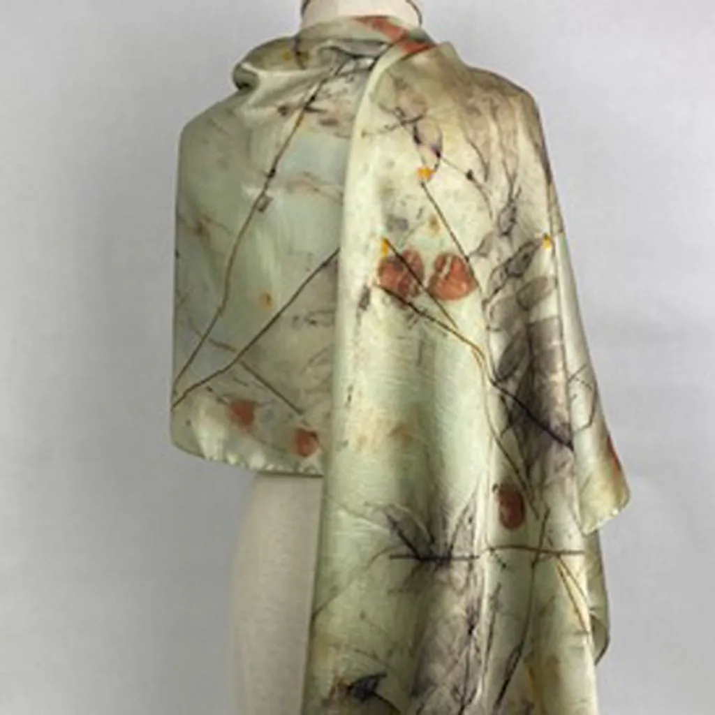 Luxurious silk satin hand dyed eco printed green black orange sophisticated original scarf shawl