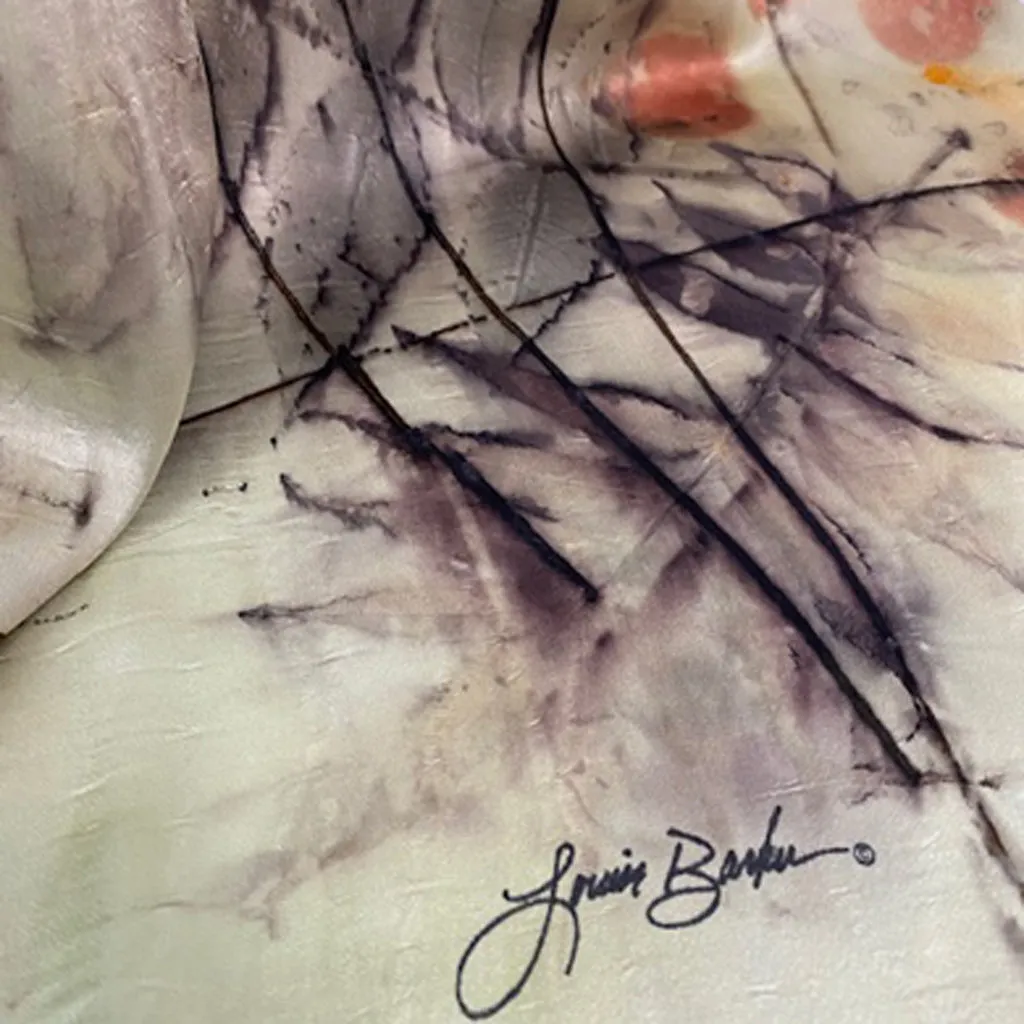 Luxurious silk satin hand dyed eco printed green black orange sophisticated original scarf shawl