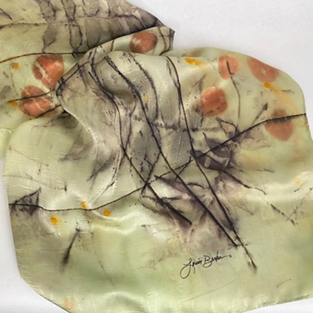 Luxurious silk satin hand dyed eco printed green black orange sophisticated original scarf shawl