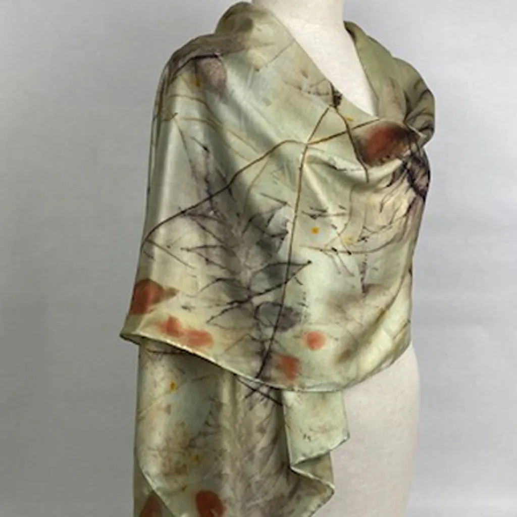 Luxurious silk satin hand dyed eco printed green black orange sophisticated original scarf shawl