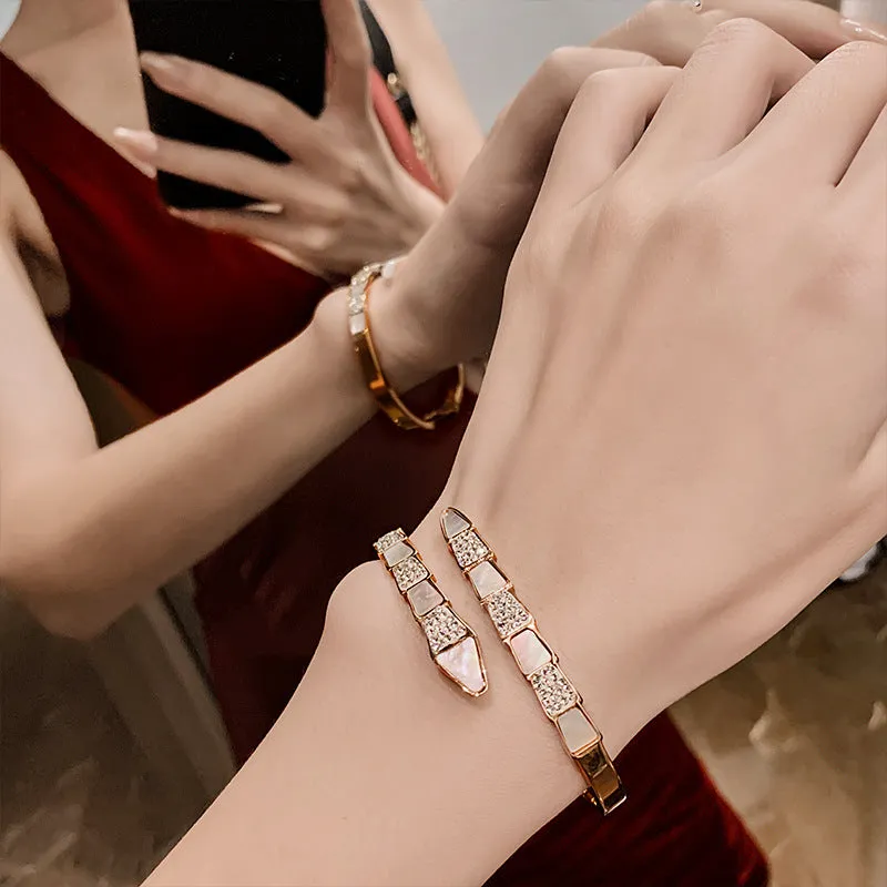Luxury Stainless Steel CZ Crystals With White Shell Bracelets For Women Men Trendy Snake Bangle Jewelry Gift
