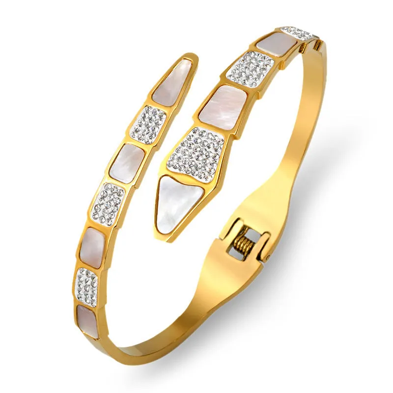 Luxury Stainless Steel CZ Crystals With White Shell Bracelets For Women Men Trendy Snake Bangle Jewelry Gift
