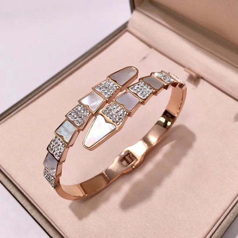 Luxury Stainless Steel CZ Crystals With White Shell Bracelets For Women Men Trendy Snake Bangle Jewelry Gift