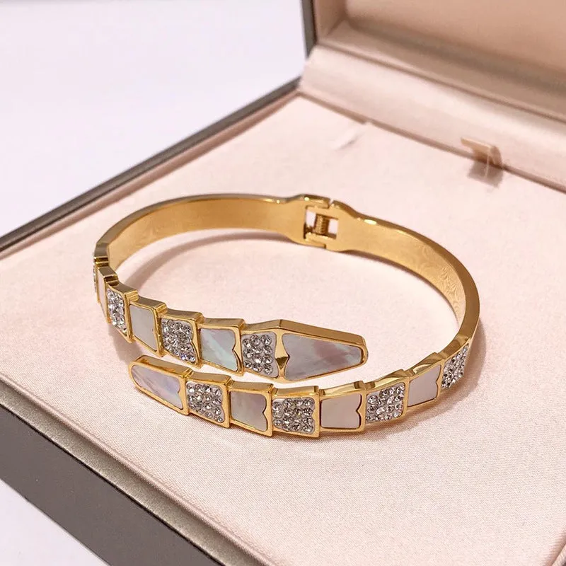 Luxury Stainless Steel CZ Crystals With White Shell Bracelets For Women Men Trendy Snake Bangle Jewelry Gift