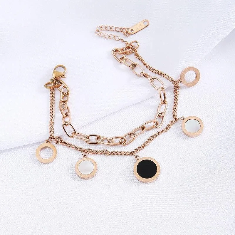 Luxury Stainless Steel Multilayer Chain Bracelet Exquisite Black White Shell Roman Digital Disc Pendant Bracelet for Women