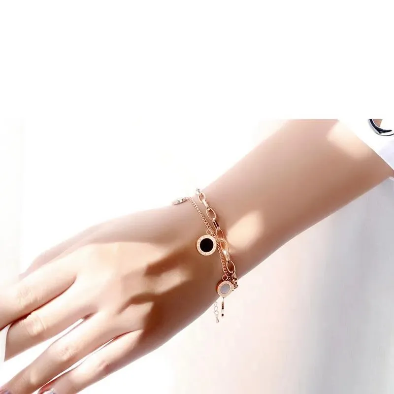 Luxury Stainless Steel Multilayer Chain Bracelet Exquisite Black White Shell Roman Digital Disc Pendant Bracelet for Women