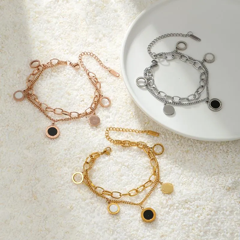 Luxury Stainless Steel Multilayer Chain Bracelet Exquisite Black White Shell Roman Digital Disc Pendant Bracelet for Women