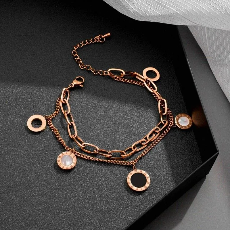 Luxury Stainless Steel Multilayer Chain Bracelet Exquisite Black White Shell Roman Digital Disc Pendant Bracelet for Women
