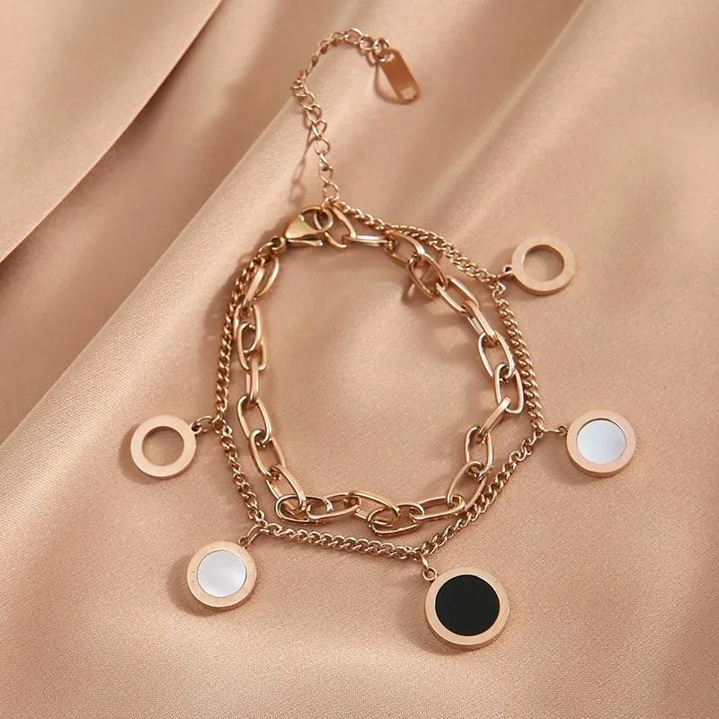 Luxury Stainless Steel Multilayer Chain Bracelet Exquisite Black White Shell Roman Digital Disc Pendant Bracelet for Women