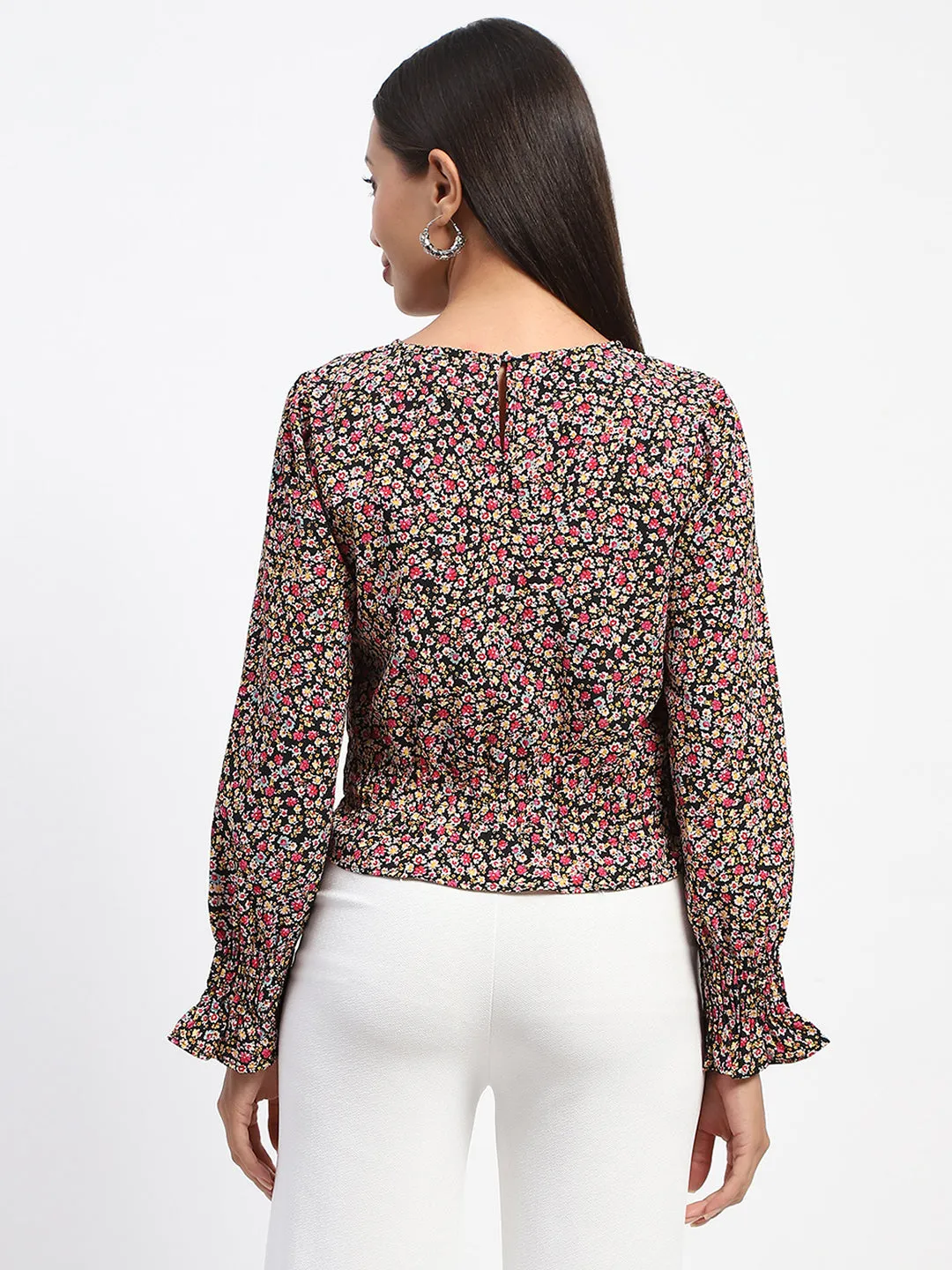 Madame Floral Print Cinch Waist Black Top
