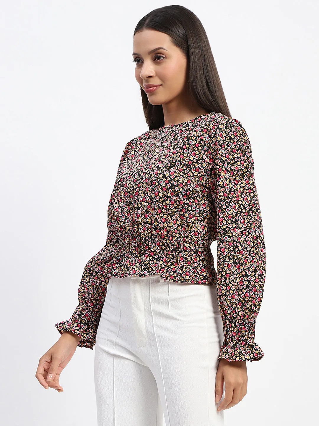 Madame Floral Print Cinch Waist Black Top