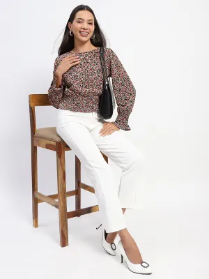 Madame Floral Print Cinch Waist Black Top