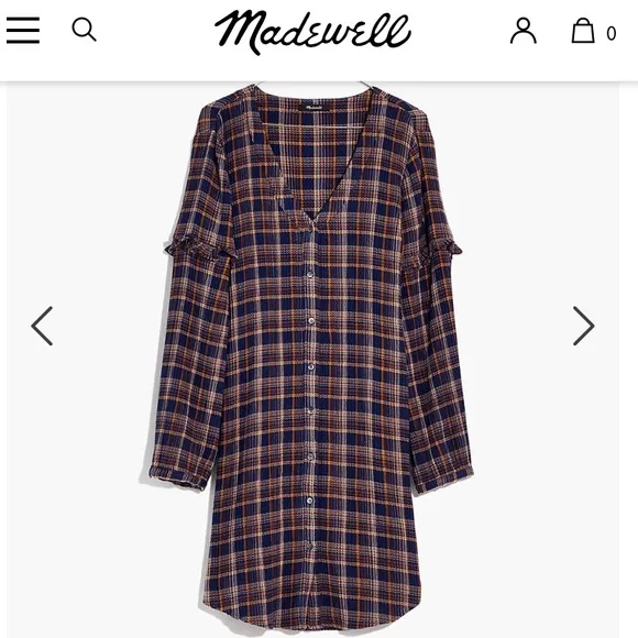 Madewell Plaid Ruffled Sleeve V-Neck Button Down Shirt Dress