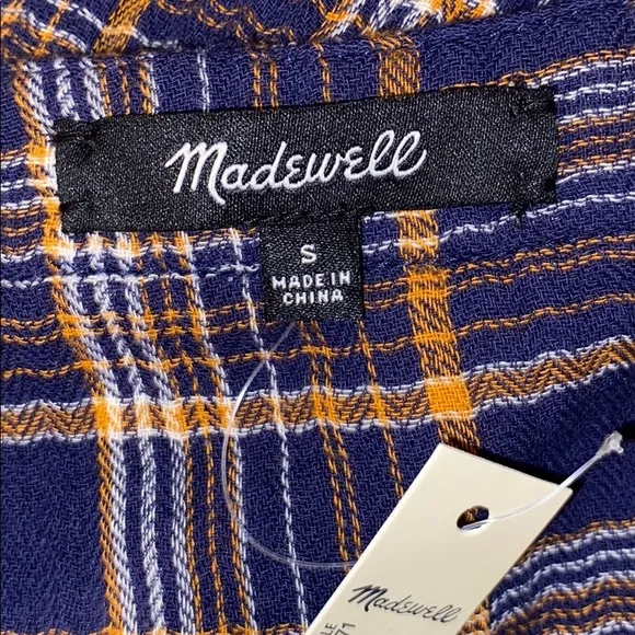 Madewell Plaid Ruffled Sleeve V-Neck Button Down Shirt Dress