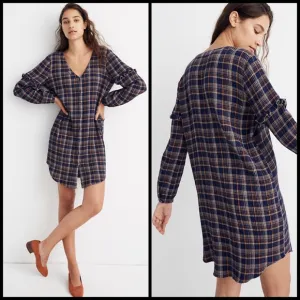 Madewell Plaid Ruffled Sleeve V-Neck Button Down Shirt Dress