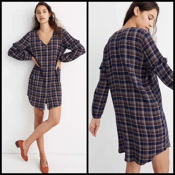 Madewell Plaid Ruffled Sleeve V-Neck Button Down Shirt Dress