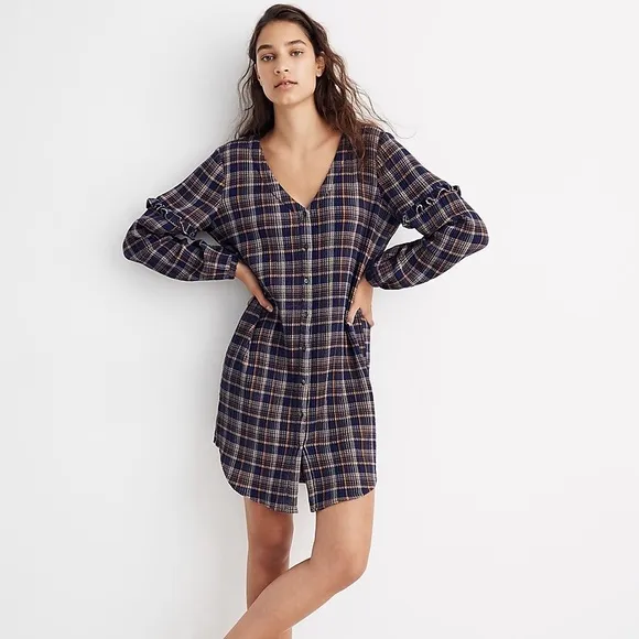 Madewell Plaid Ruffled Sleeve V-Neck Button Down Shirt Dress