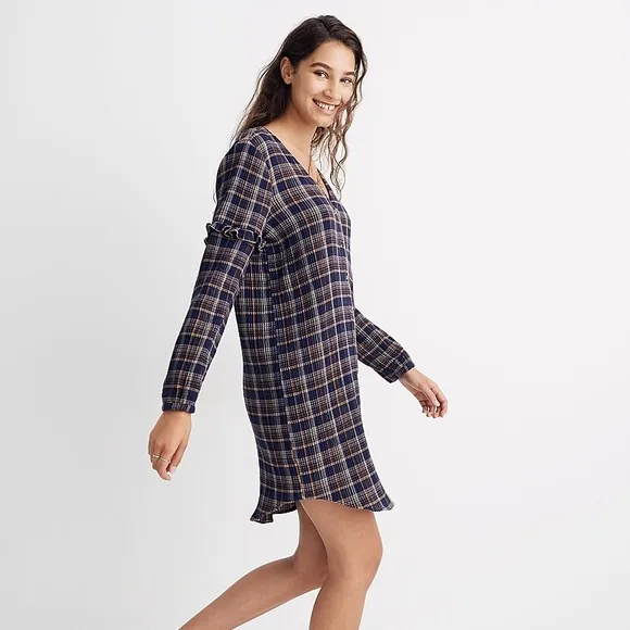 Madewell Plaid Ruffled Sleeve V-Neck Button Down Shirt Dress