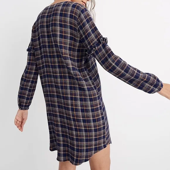 Madewell Plaid Ruffled Sleeve V-Neck Button Down Shirt Dress