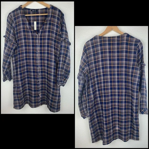 Madewell Plaid Ruffled Sleeve V-Neck Button Down Shirt Dress