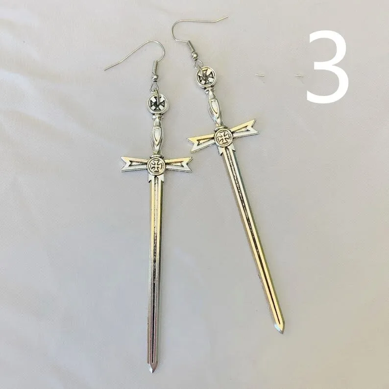 Medieval Worship Sword Earrings Witch or Pagan Alternative Goth  Silver Plated Classic Women Fashion Gift Jewelry