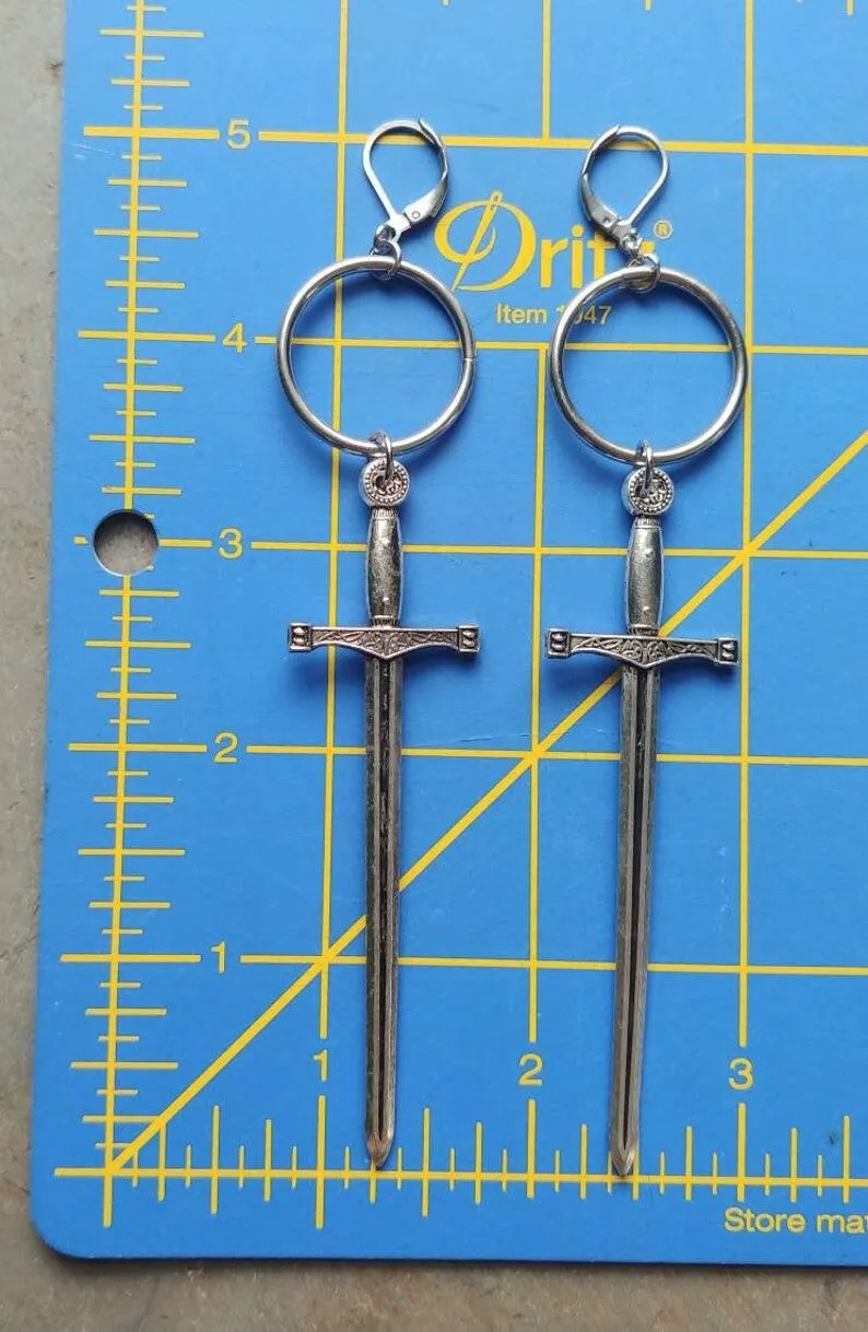 Medieval Worship Sword Earrings Witch or Pagan Alternative Goth  Silver Plated Classic Women Fashion Gift Jewelry