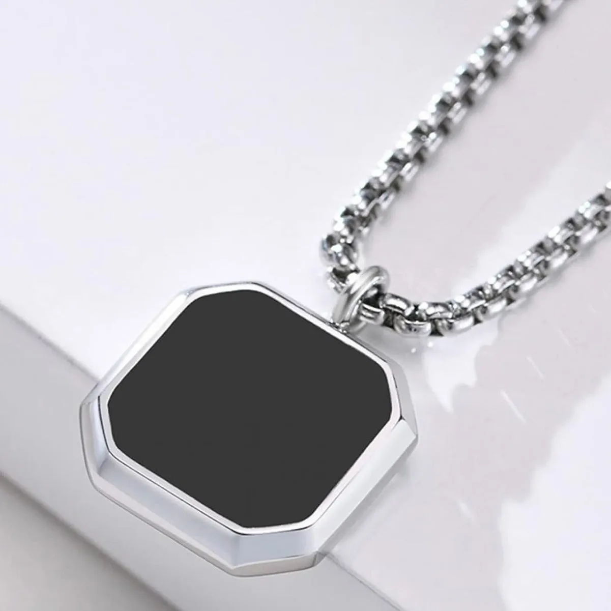 Men’s Stainless Steel Sweater Chain – Silver Square Pendant with Dripping Glue, Fashion Stacking Necklace