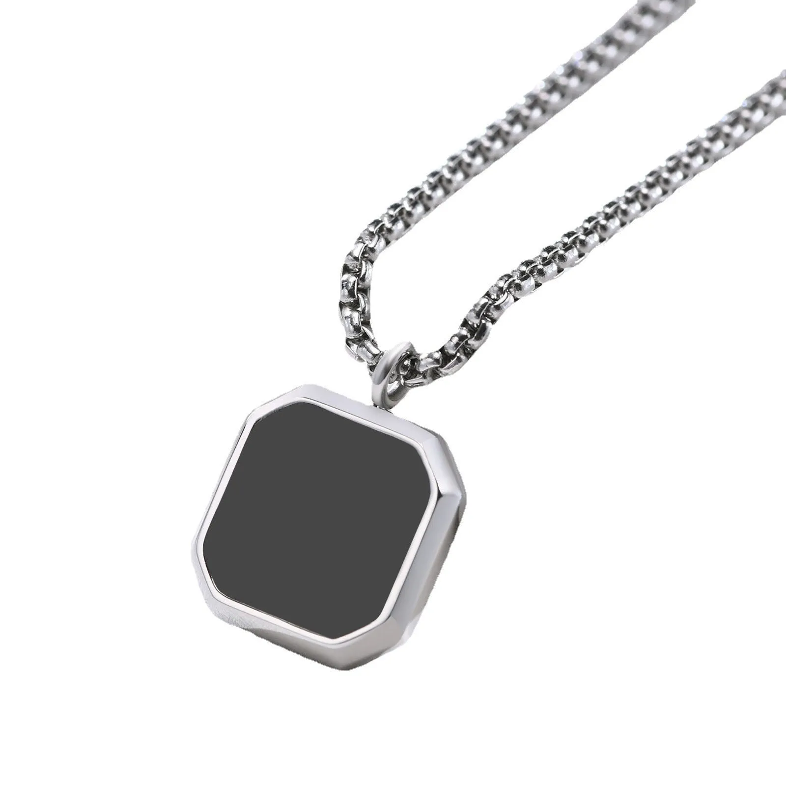 Men’s Stainless Steel Sweater Chain – Silver Square Pendant with Dripping Glue, Fashion Stacking Necklace