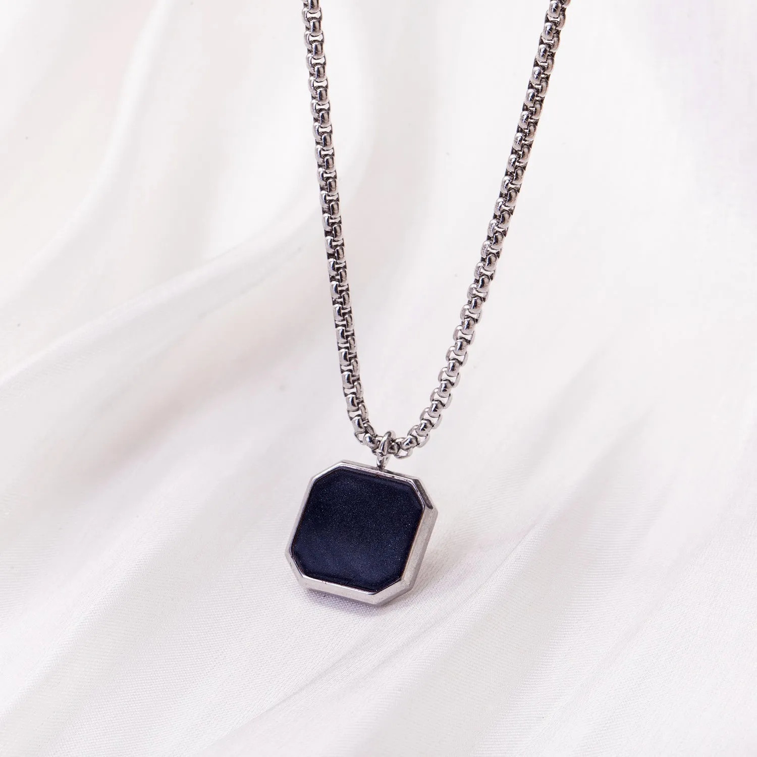 Men’s Stainless Steel Sweater Chain – Silver Square Pendant with Dripping Glue, Fashion Stacking Necklace