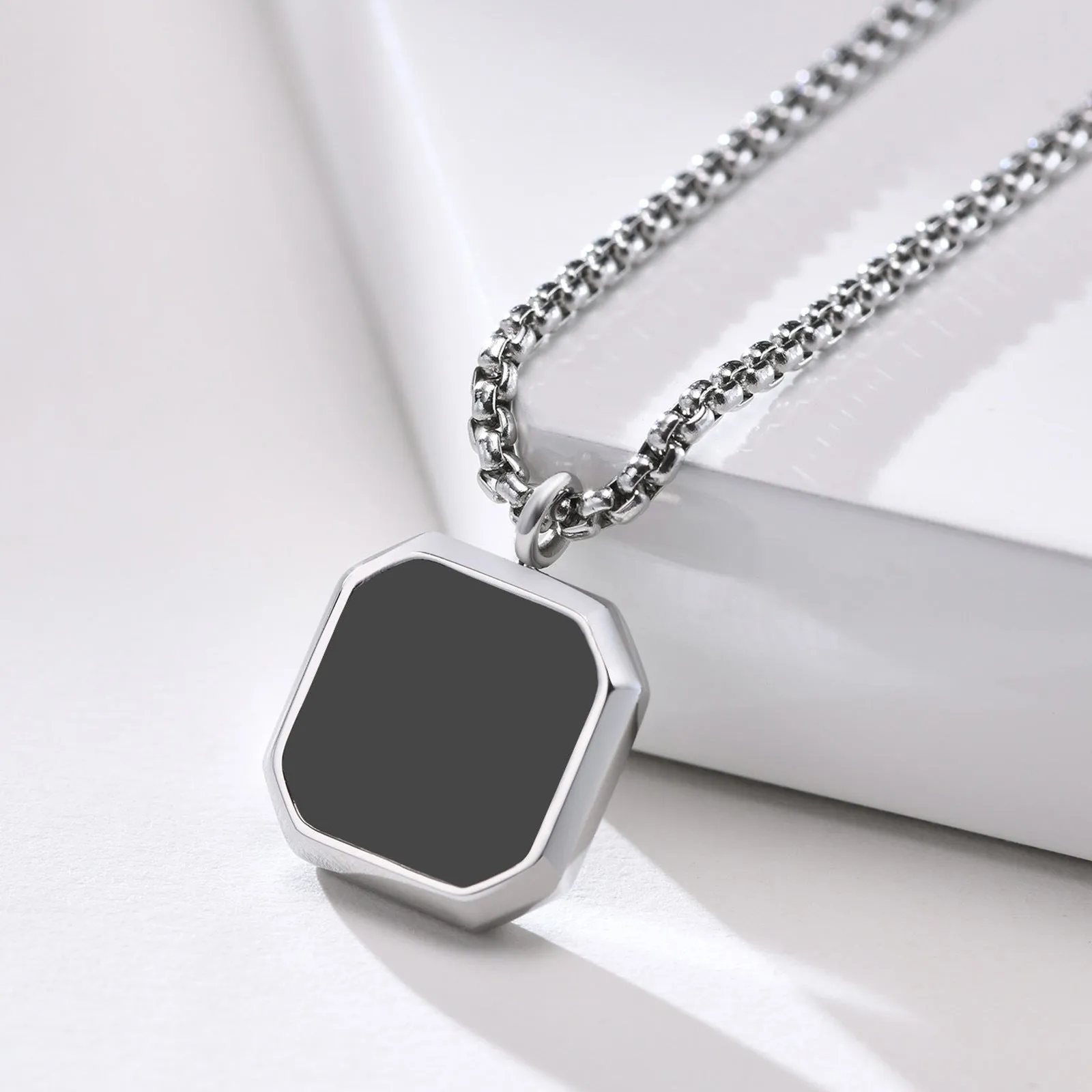 Men’s Stainless Steel Sweater Chain – Silver Square Pendant with Dripping Glue, Fashion Stacking Necklace