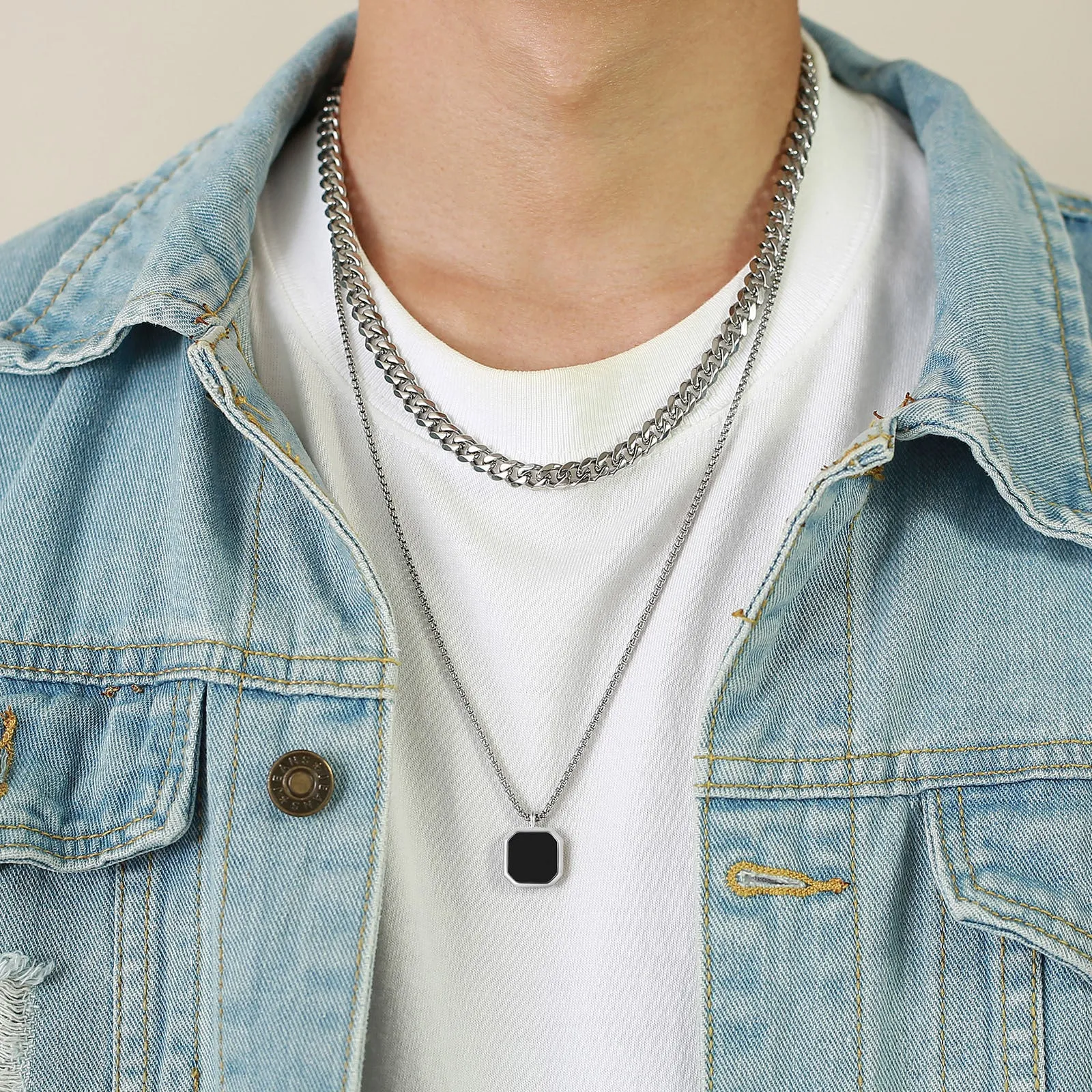Men’s Stainless Steel Sweater Chain – Silver Square Pendant with Dripping Glue, Fashion Stacking Necklace