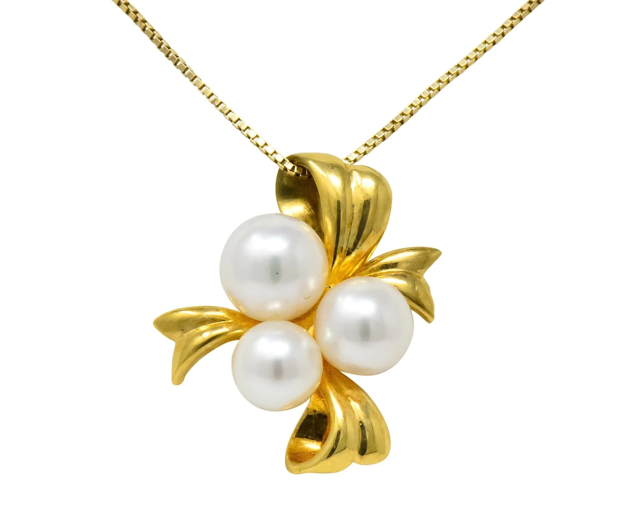 Mikimoto Cultured Pearl 18 Karat Gold Ribbon Pendant Necklace