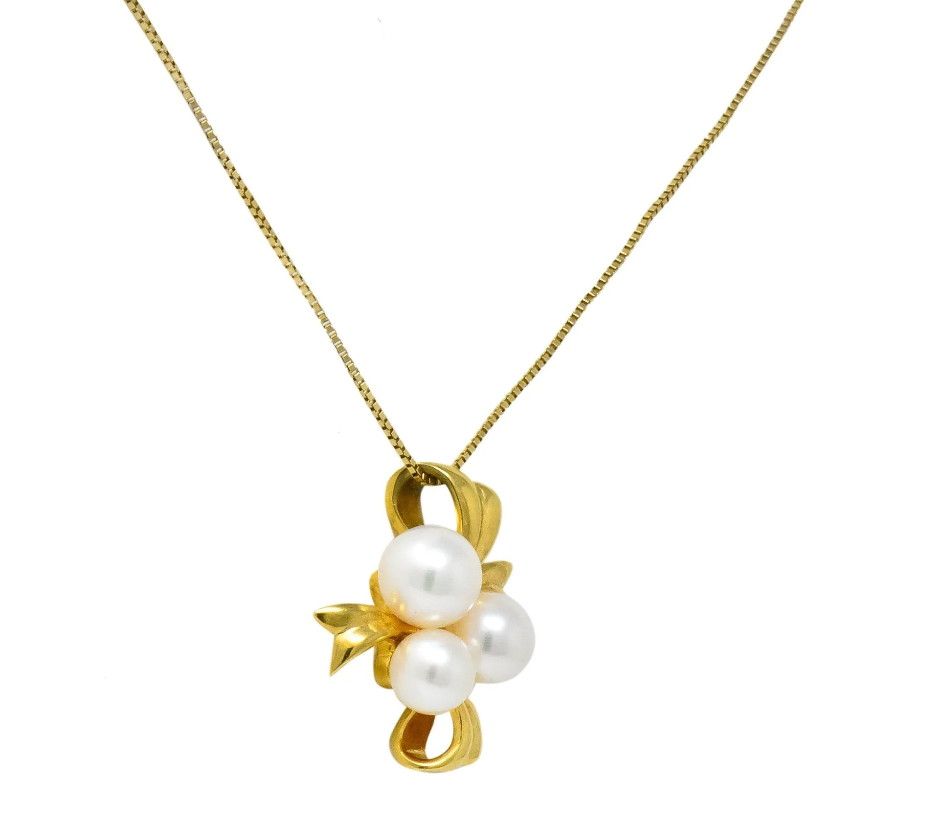 Mikimoto Cultured Pearl 18 Karat Gold Ribbon Pendant Necklace