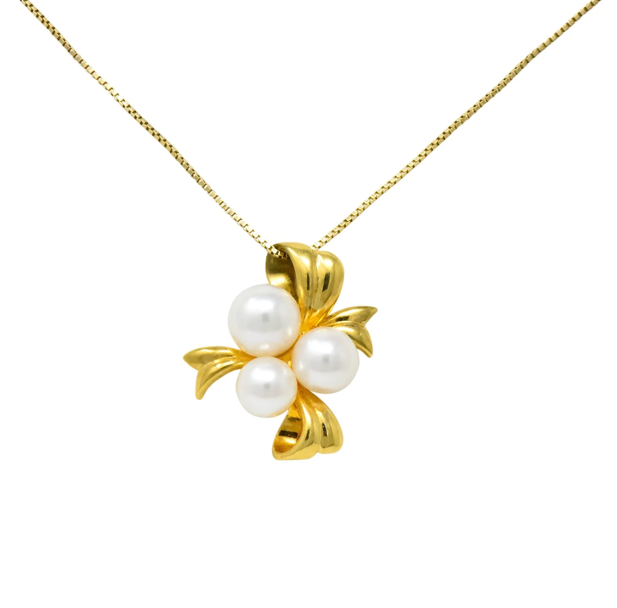 Mikimoto Cultured Pearl 18 Karat Gold Ribbon Pendant Necklace