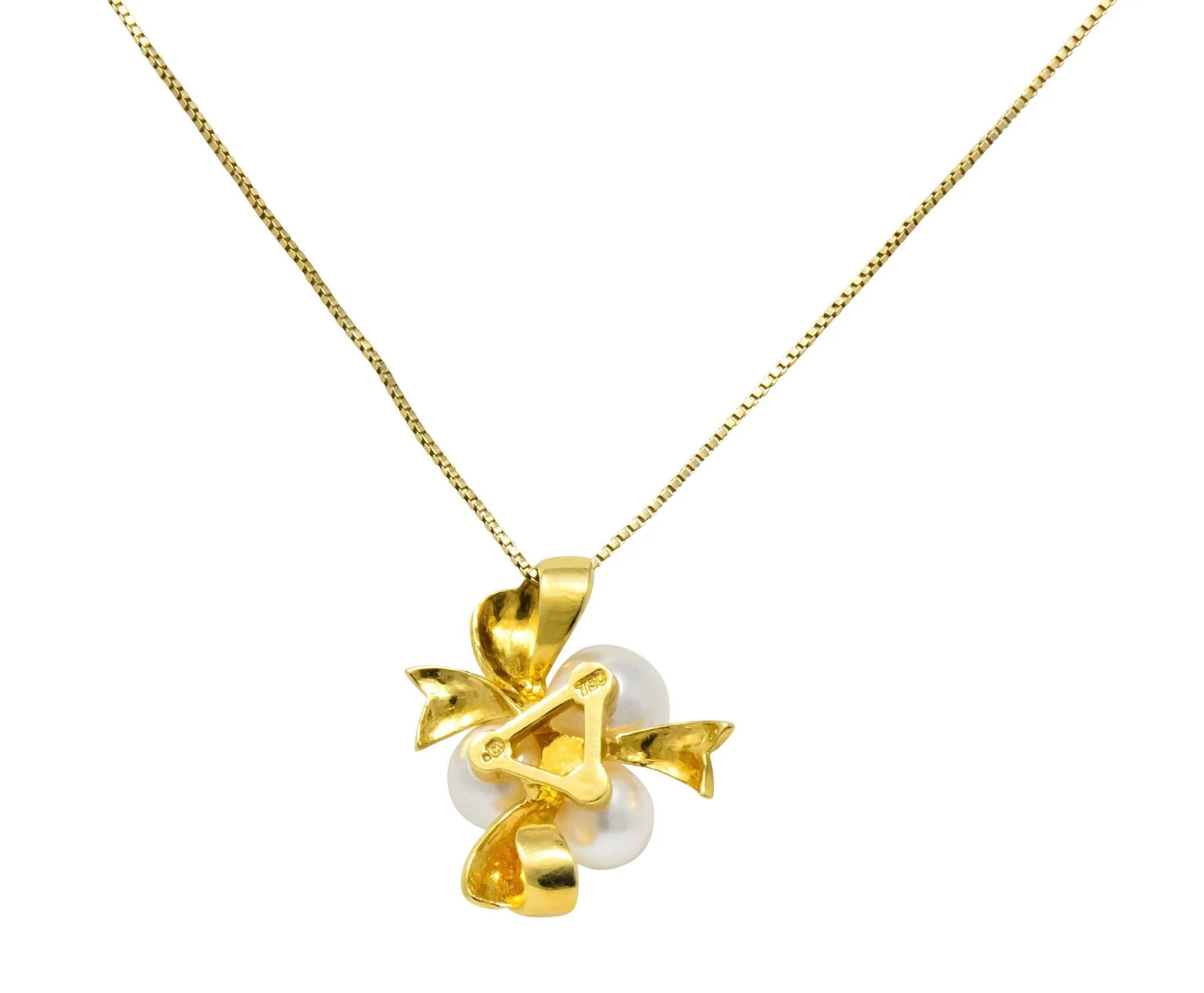 Mikimoto Cultured Pearl 18 Karat Gold Ribbon Pendant Necklace