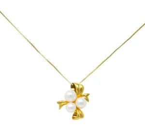 Mikimoto Cultured Pearl 18 Karat Gold Ribbon Pendant Necklace