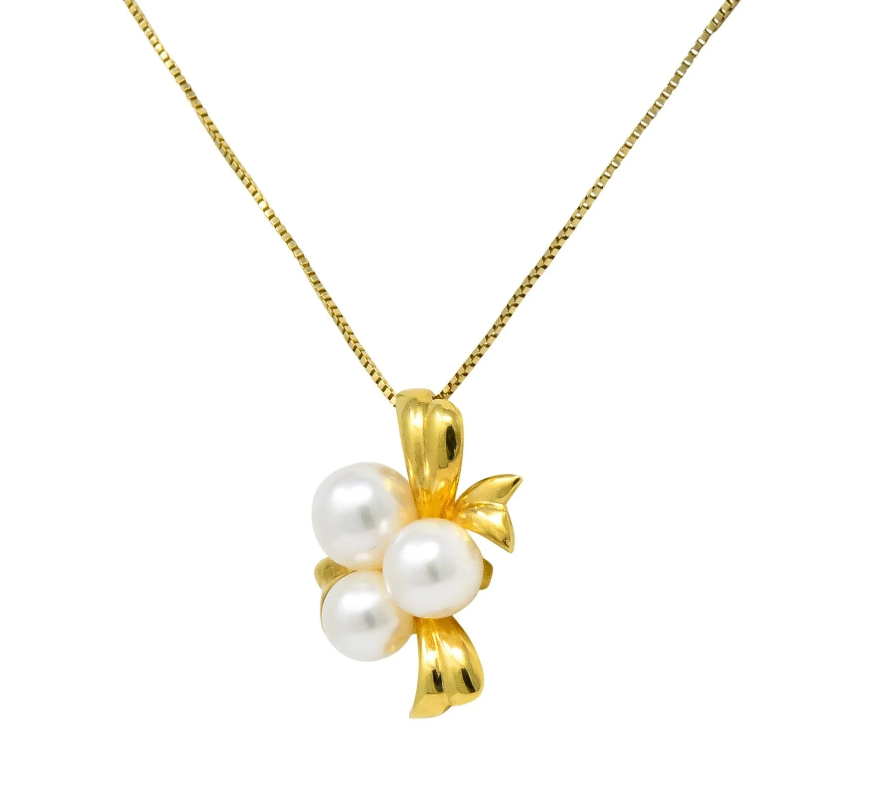 Mikimoto Cultured Pearl 18 Karat Gold Ribbon Pendant Necklace