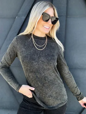 Mineral Washed Ribbed Top In Charcoal