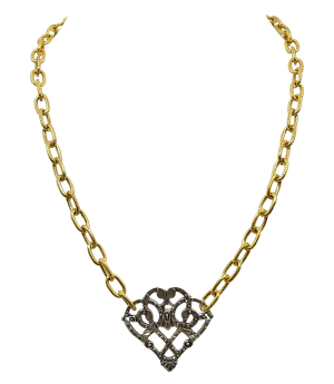 Mixed Metal Sterling and Gold Plated 18" Chain with Vintage Reproduction Scroll Heart